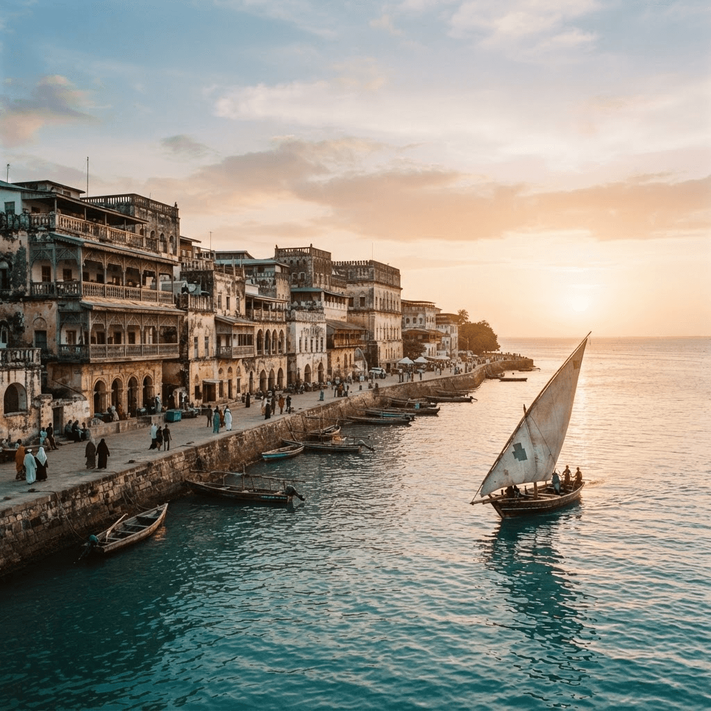 Zanzibar Stone Town waterfront at golden hour
